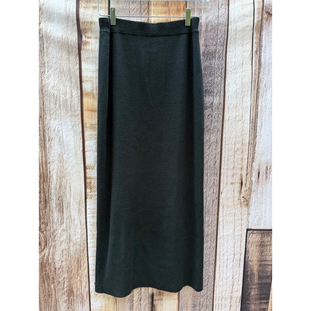 Eileen Fisher Merino Wool Knit Midi Skirt Black Minimalist Classic Size Small